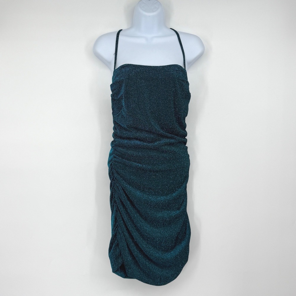 Princess Polly Size 8 Teal Metallic Ruched Bodycon Midi Dress Cross Back